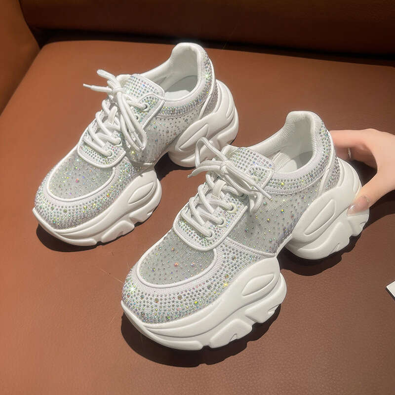 2023 Summer Breathable Thin Women's Trendy Mesh Round Toe Rhinestone Platform Thick Sole Casual Sports Dad Shoes for Women