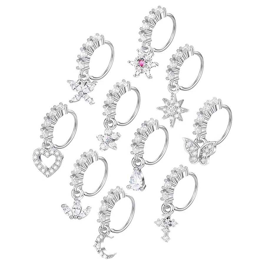 10Pcs Dangle Nose Rings Hoop Butterfly Heart Moon Flower Star CZ Cartilage Earring Dangling Nose Body Piercing Jewelry 20G Silver Tone