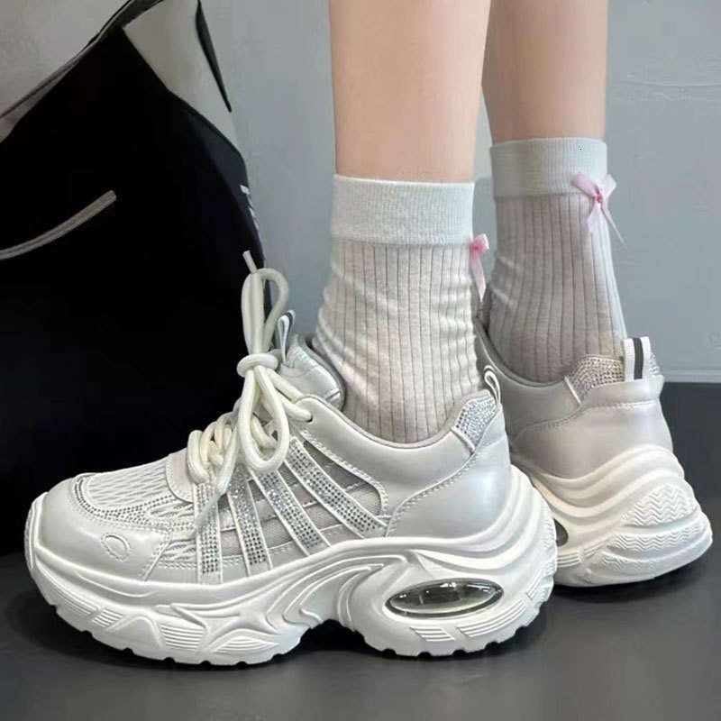 2025 Summer Sparkling Diamond Hollow Thick-Soled Dad Shoes for Women, Mesh Breathable Air Cushion Platform Casual Sports Sandals
