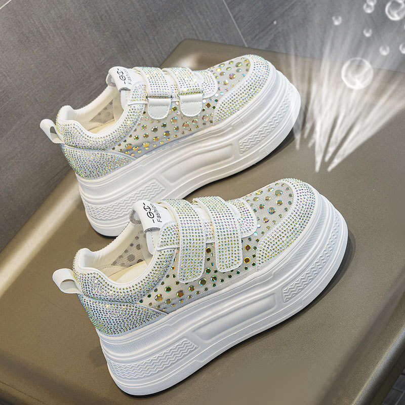 6cm Thick Sole Rhinestone White Sneakers for Women New Style Height Increasing Platform Sports Casual Fashion Versatile Mesh Shoes