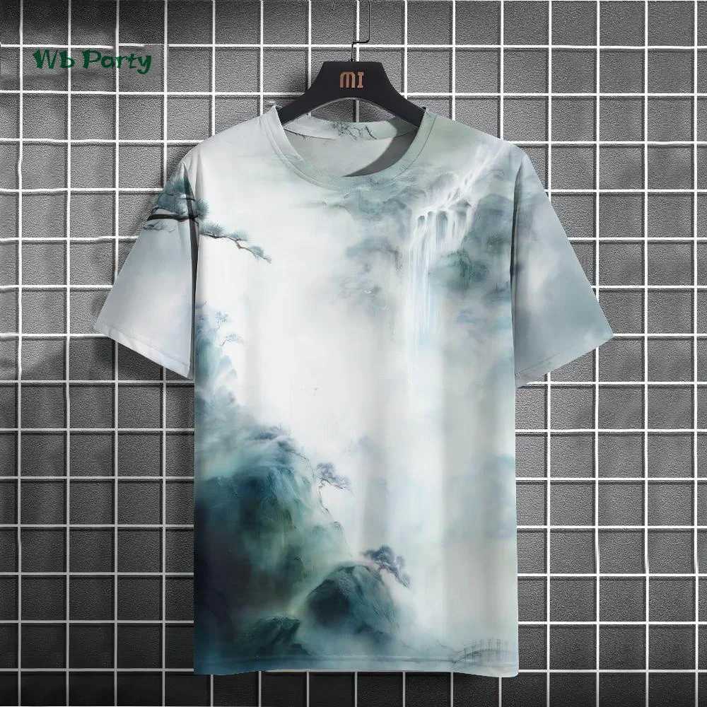 Fashionable mens T-shirt with ink painting print short sleeved T-shirt oversized casual top summer mens daily outdoor clothing Y250819