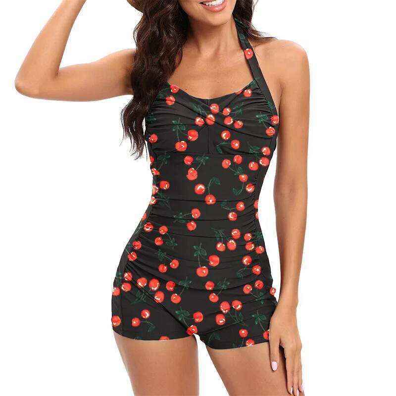 Halter Women's One Piece Tummy Control Swimwear 2024 New Push Up Boyleg Ruched Swimsuit Solid Retro Beachwear Bathing Suit XXL