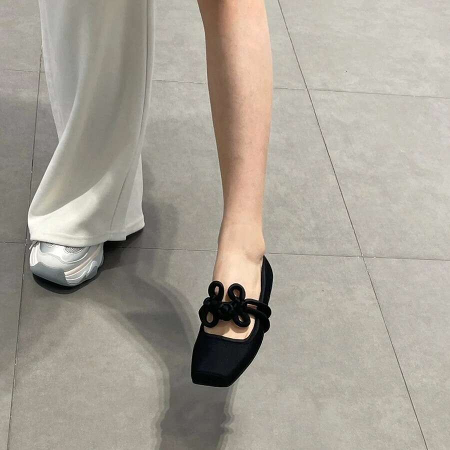 Sheepskin Version ~ Square Toe Little Red New Style Chinese Knot Flat Single Women Shallow Mouth Ballet Mary Jane Shoes