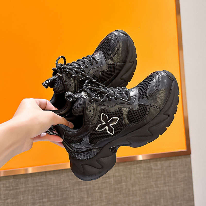 2024 New Autumn Winter Dad Shoes for Women Cross Flower Genuine Leather Thick Sole Height Increasing Mesh Breathable Fashion Casual Sneakers