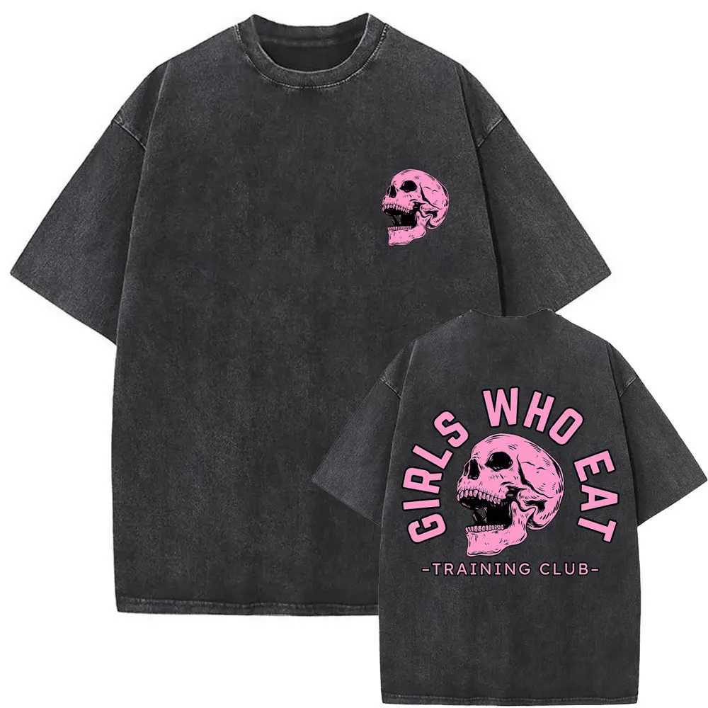 Who Eat Training Club Skeleton Gym Pump Cover T Shirts Washed Vintage Men Women Funny Fitness Casual Oversized T-shirts Y250819