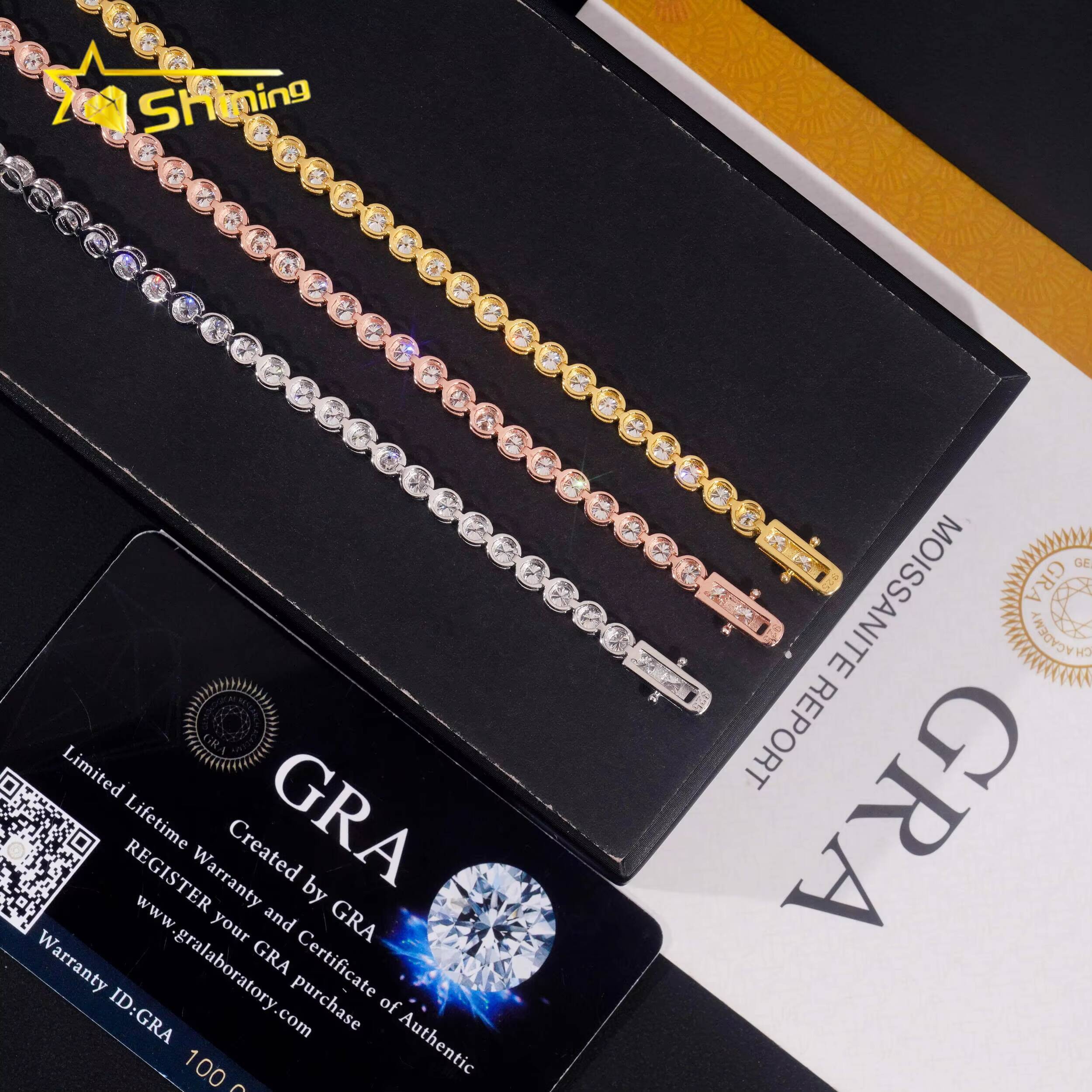 Classic Women Jewelry Bracelets Gold Plated 925 Silver Jewelry 3MM Moissanite Bezel Setting Tennis Chain