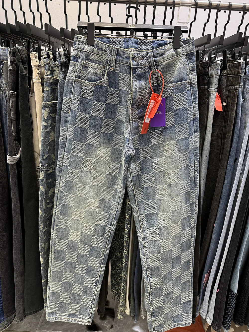 Plaid Pattern Light Blue Mens Jeans Y2k Mid Waist Distressed Pants Loosen Males Streetwear 250820