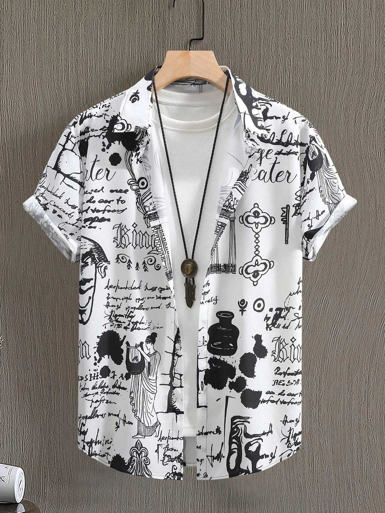 Line Drawing Design Graffiti Men Women Shirt Print Design Short Sleeve Shirt Fashion Button Short Sleeve Top Y250819