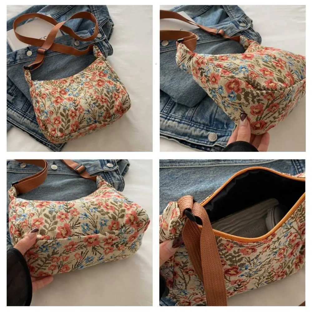 Vintage Half Moon Shape Women Lady Messenger Bag Versatile Literary Prints Cloth Texture Temperament Crossbody Shoulder Bag Y250819