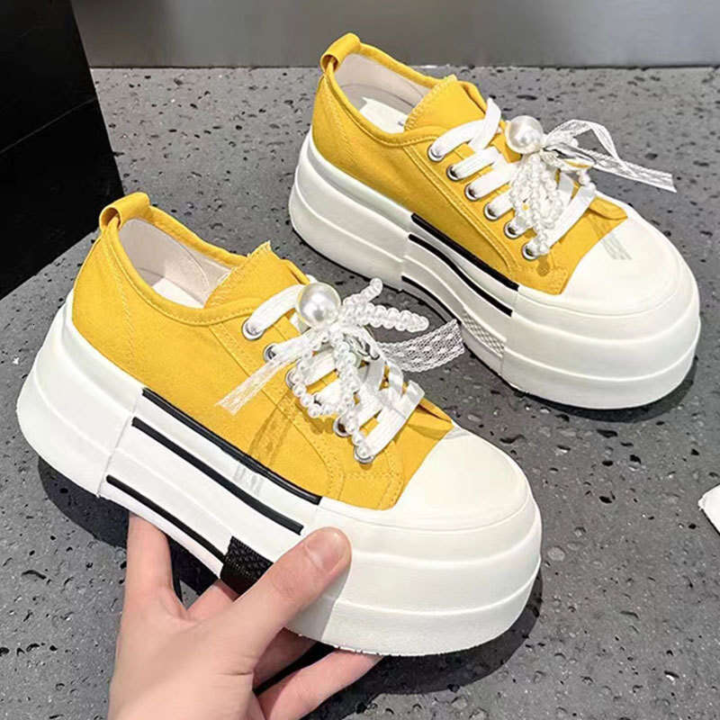 2025 Summer New Canvas Beaded Thin Shell Toe Versatile Super Popular White Sneakers Platform Sports Casual Shoes