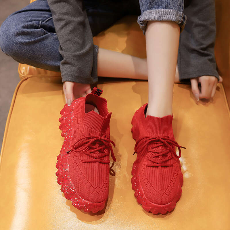 2023 Summer Dad Platform Thick Sole Single Women's Flyknit Breathable Elastic Socks Casual Sports White Shoes Trendy