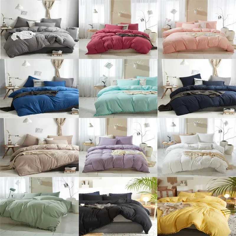 Solid Color Soft Washed Duvet Cover 3 Pieces Set case Bedding Set for Twin Full Queen King Size Cute Pom-pom Decoration Y250819