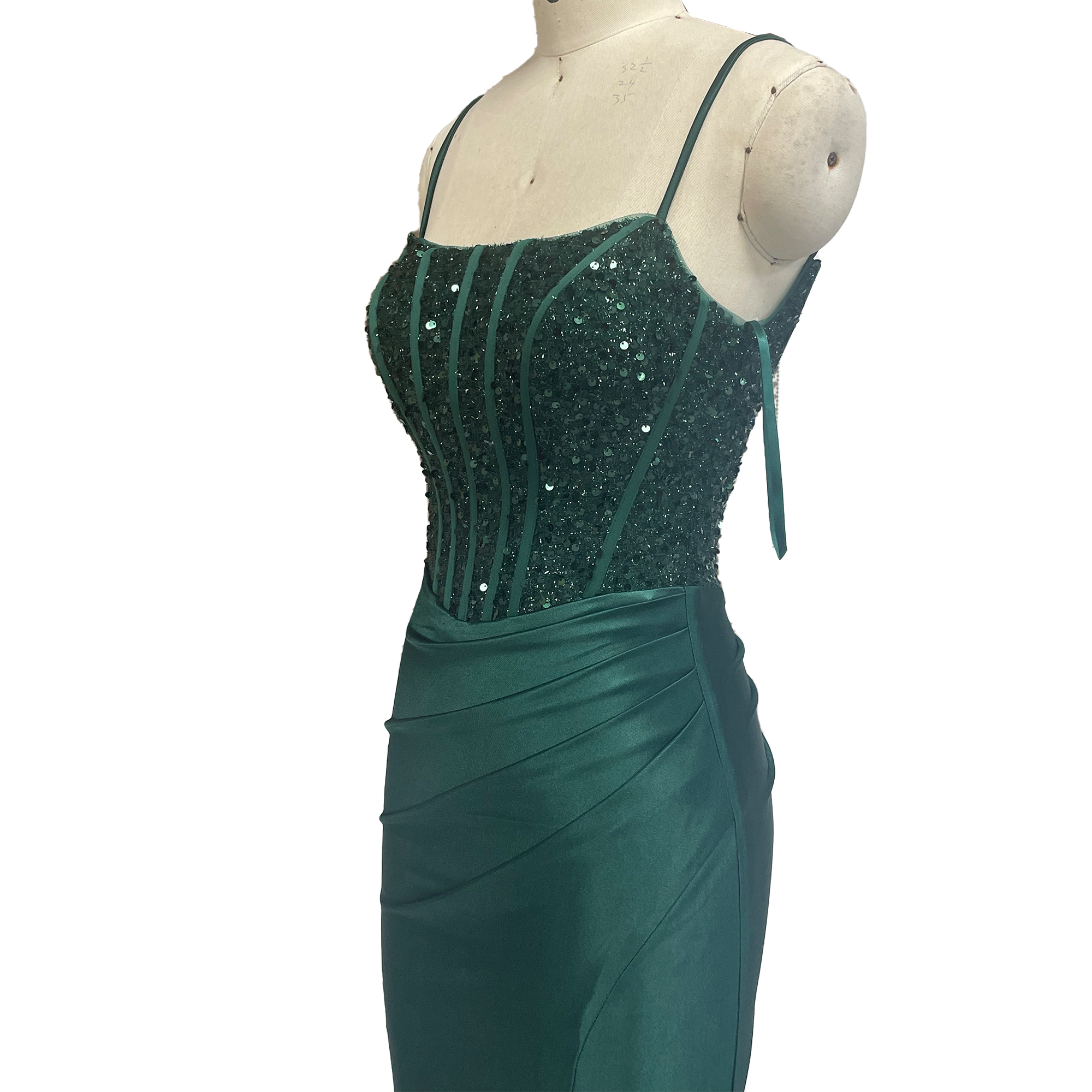 Emerald Green Sequin - Embellished Spaghetti Strap Mermaid Evening Gown with High Slit