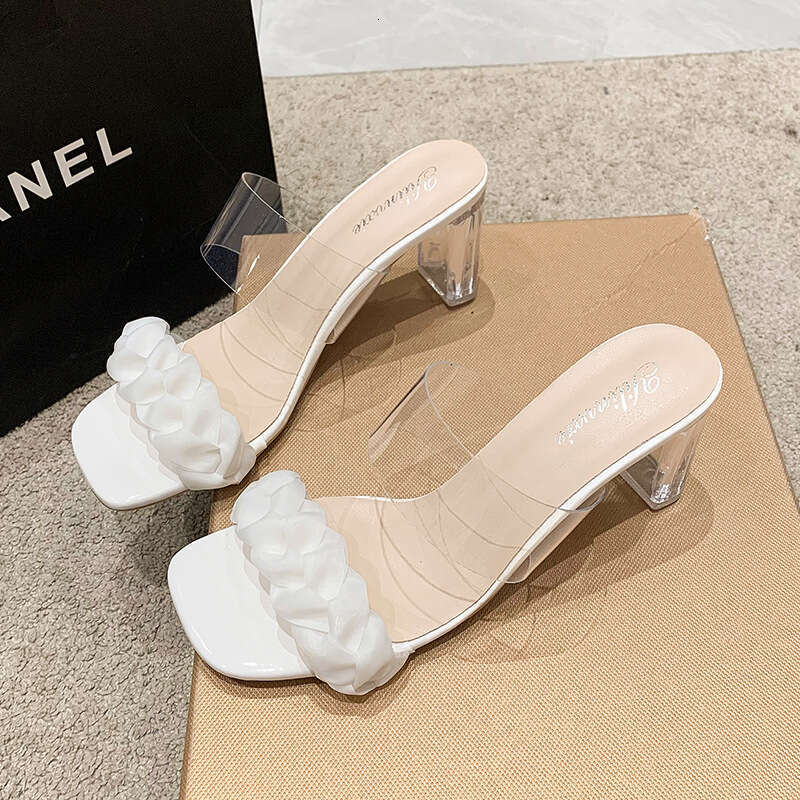 Transparent High Heels Summer Crystal Chunky Heel for Women 2023 New Fairy Style Half Slippers French Internet Celebrity Sandals