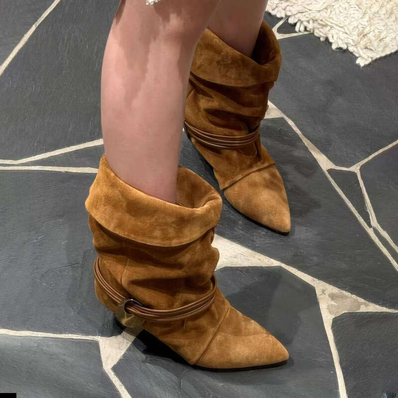 Sheepskin Version~ Pointed Toe Ankle for Women, Height Increasing, Wrinkled, Two-Way Wear, Niche Suede Cat Heel Western Slouch Boots