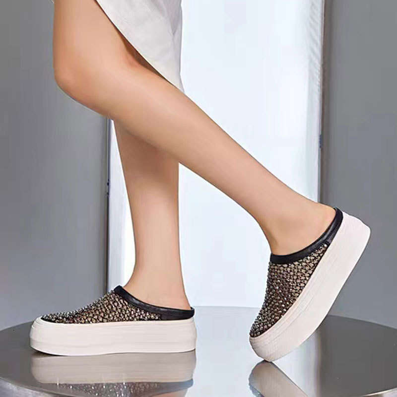 2025 New Summer Rhinestone Mesh Hollow Lazy Slip-On Sandals Outdoor Versatile Thick Sole Height-Increasing Half Slippers