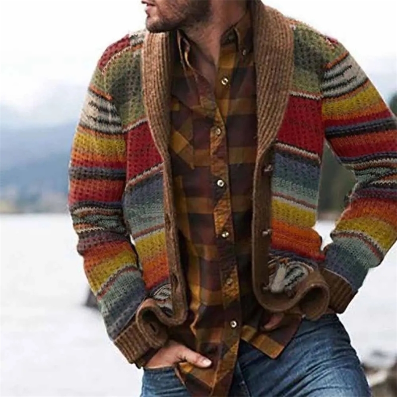 Mens Sweater Jacket Lapel Colorblocked Knitted Cardigan w250819