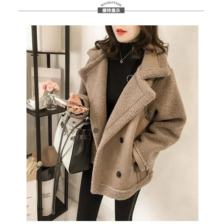 Lambwool Spliced Singlebreasted Lapel Jacket Autumn and Winter Korean Version of Loose Longsleeved Women 250819