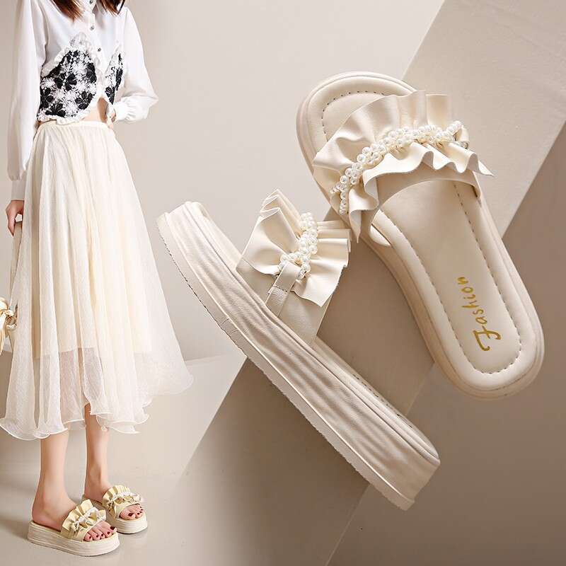 2023 New Casual Pearl Sandals for Women Summer Outdoor Fresh Pleated Thick Sole Open-Toe Beach Slippers
