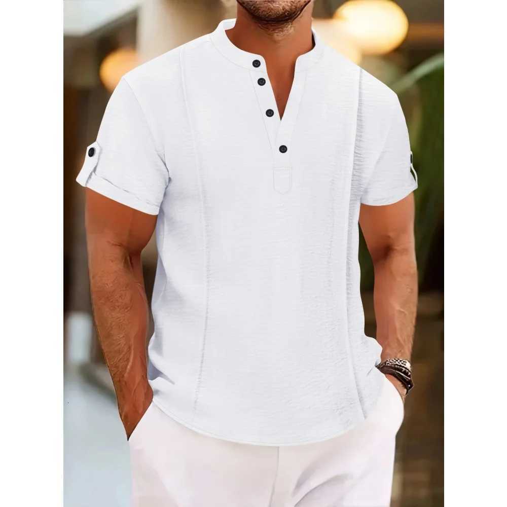 Mens summer new style standing collar short-sLeeved Shirts double button front casual outdoor beach wind solid color Tops Y250819