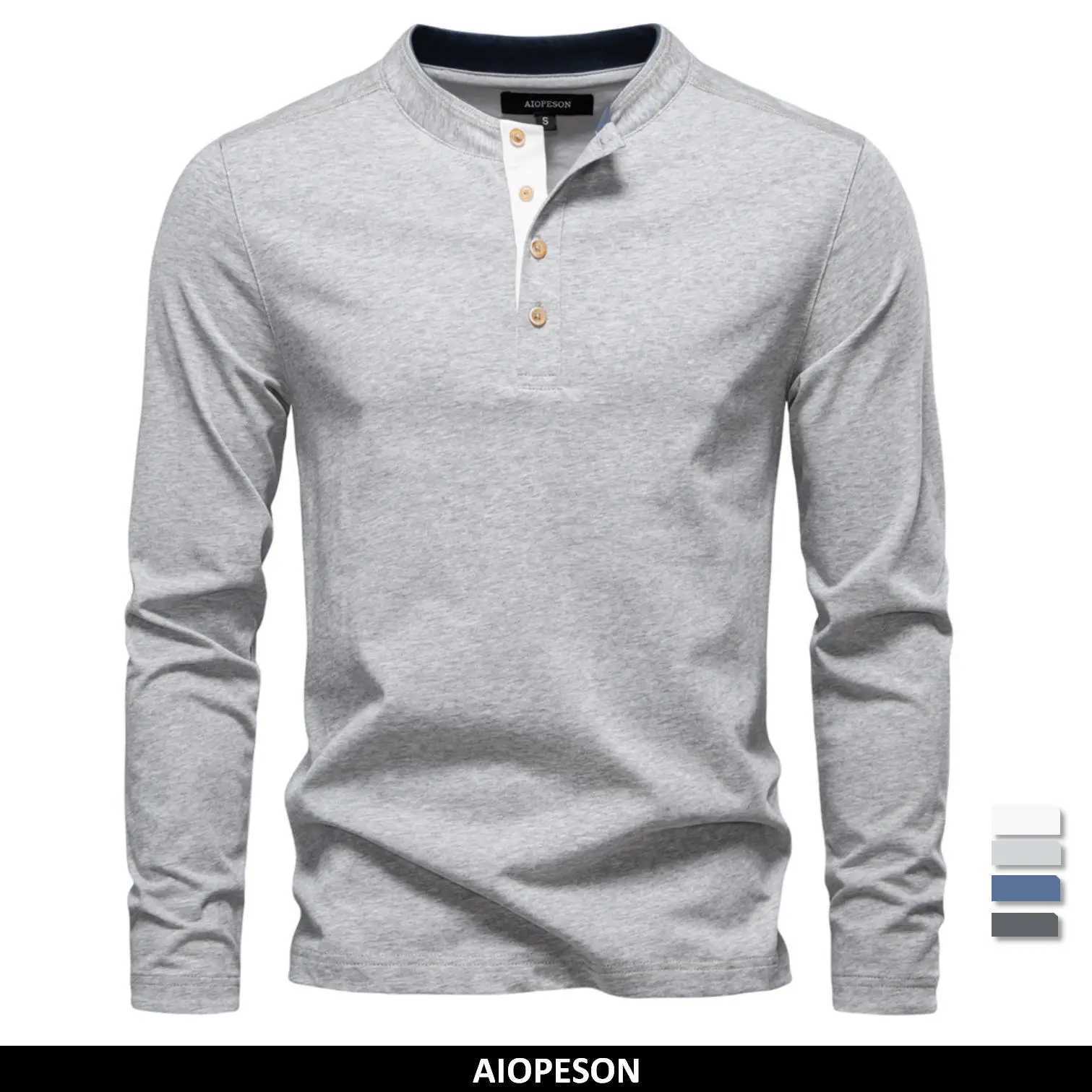 AIOPESON Henley Collar Button T Shirt Men Solid Color Long Sleeve Basic New Autumn Premium 100% Cotton Mens T Shirts Y250819