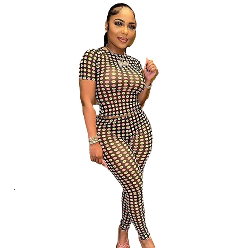 D9776 Womens Fashion Colorful Polka Dot Mesh Printed Short Sleeve Long Pants Two-Piece Set