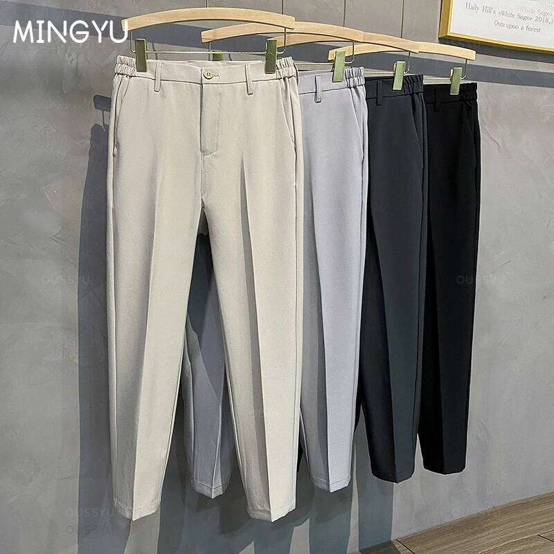 2025 Spring Summer Men's Casual Pants Suit Pant Slim Fit Work Elastic Waist Jogging Business Trousers Male Black Plus Size 40 42
