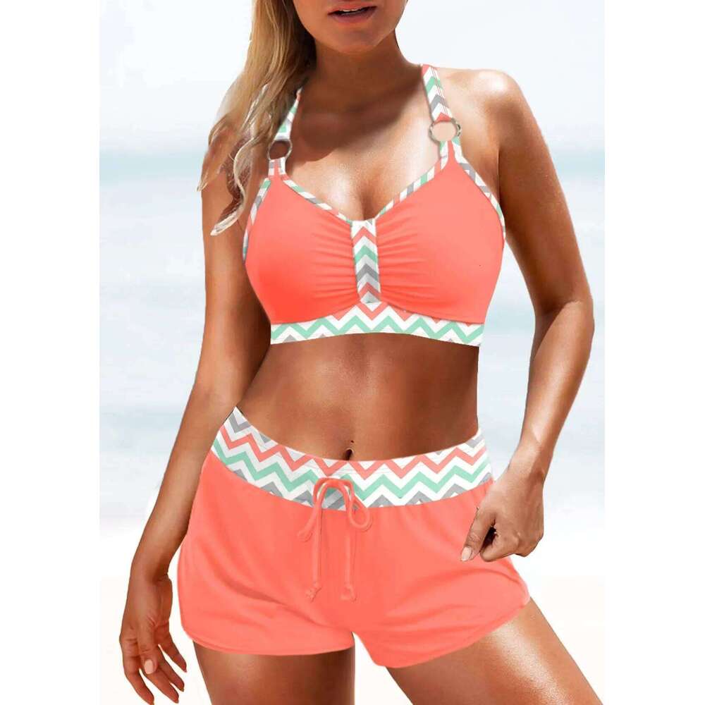 Sexy Resort Style Halter Neck Straps Backless Grid Printed Women's Bikini Swimwear Sets S-6Xl