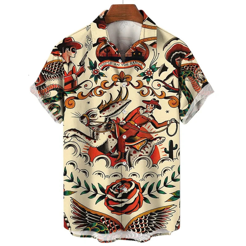 3D retro digital printed mens lapel short sleeved shirt 250808