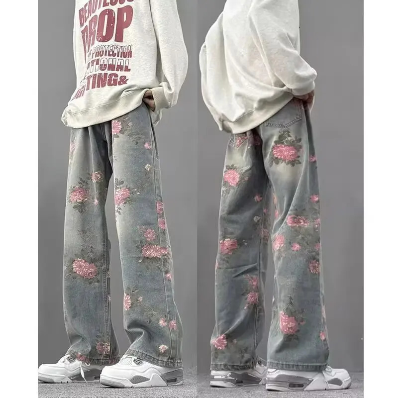 DM Strt hiphop men and women straight leg personzed rose blossom jeans American couple loose retro casual pants y2k Z260313