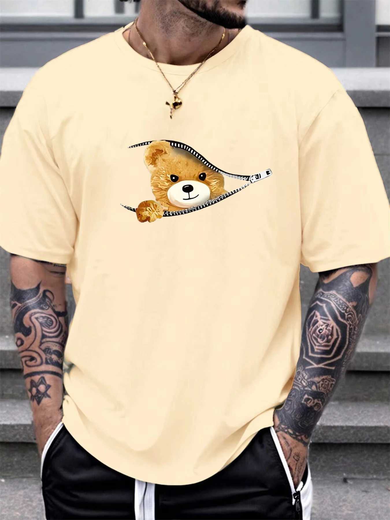 100% Cotton mens T-shirt Summer Loose Fitting Casual Tops Stylish Bear Pattern Print Comfortable Round Neck Short Sleeved Y250819