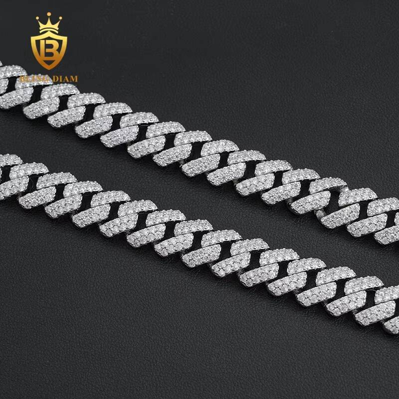 Factory Direct Wholesale Moissanite Cuban Chain Necklace Hip Hop Style VVS Diamond 2 Rows Sizes 12mm 925 Silver Men