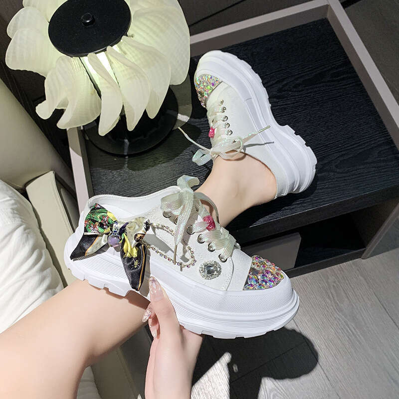 2023 Summer New Fashion Women's Lace-up Casual Slippers Versatile Mid-Heel Breathable Rhinestone White Shoes