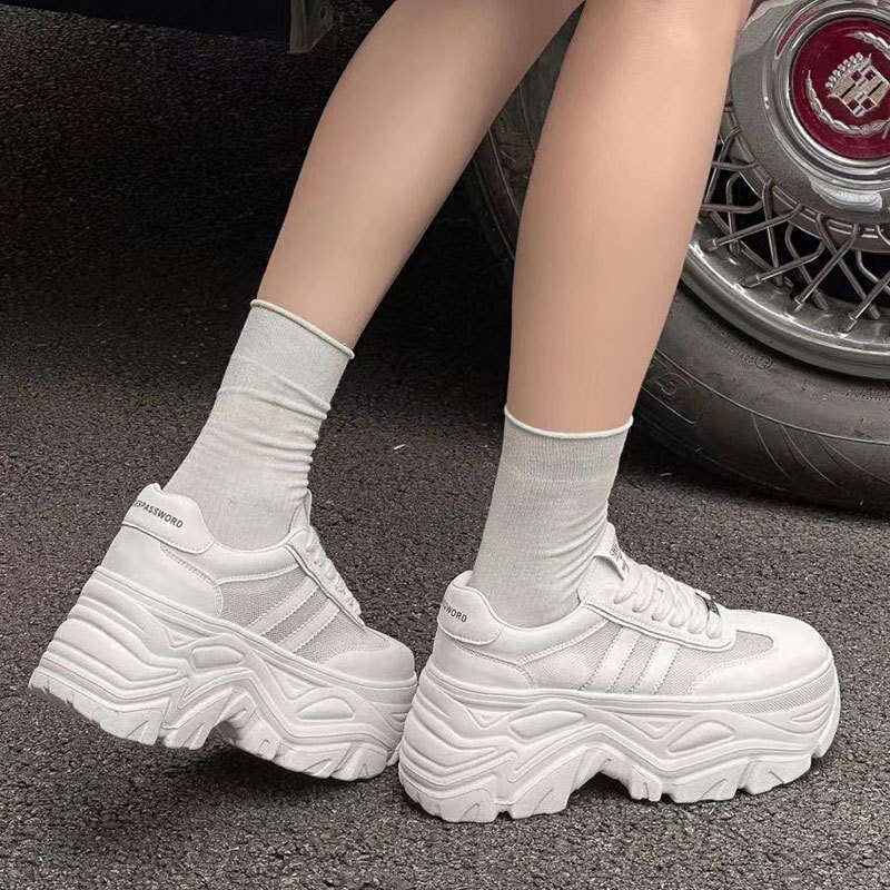Genuine Leather Women's Summer Height Increase 8cm Breathable Hollow Single Mesh Small Size Platform Dad Shoes