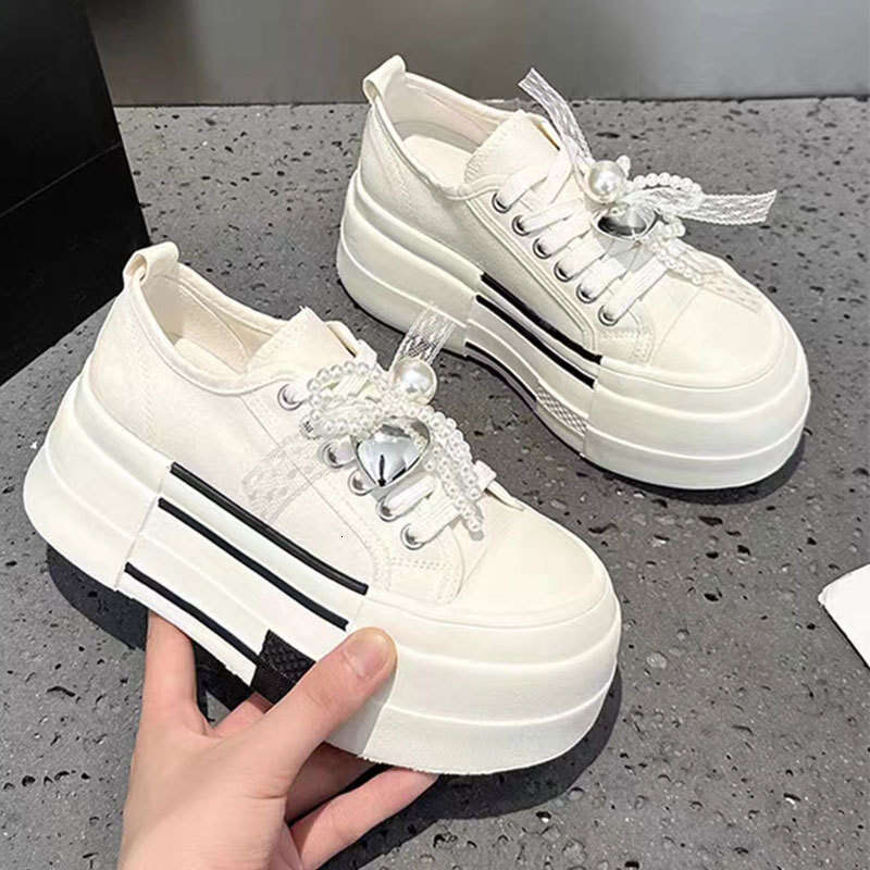 2025 Summer New Canvas Beaded Thin Shell Toe Versatile Super Popular White Sneakers Platform Sports Casual Shoes
