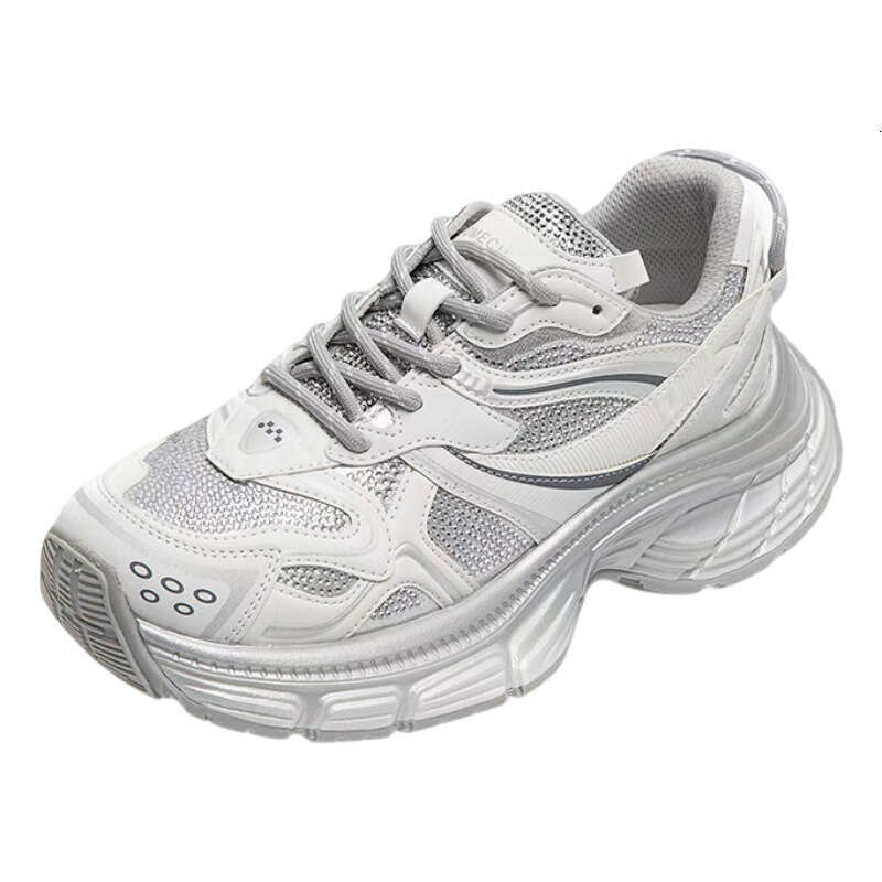 2025 Spring Summer New Women's Thick Sole Dad with Sparkling Rhinestones Korean Style Sports Platform Lace-up Casual Shoes Trendy