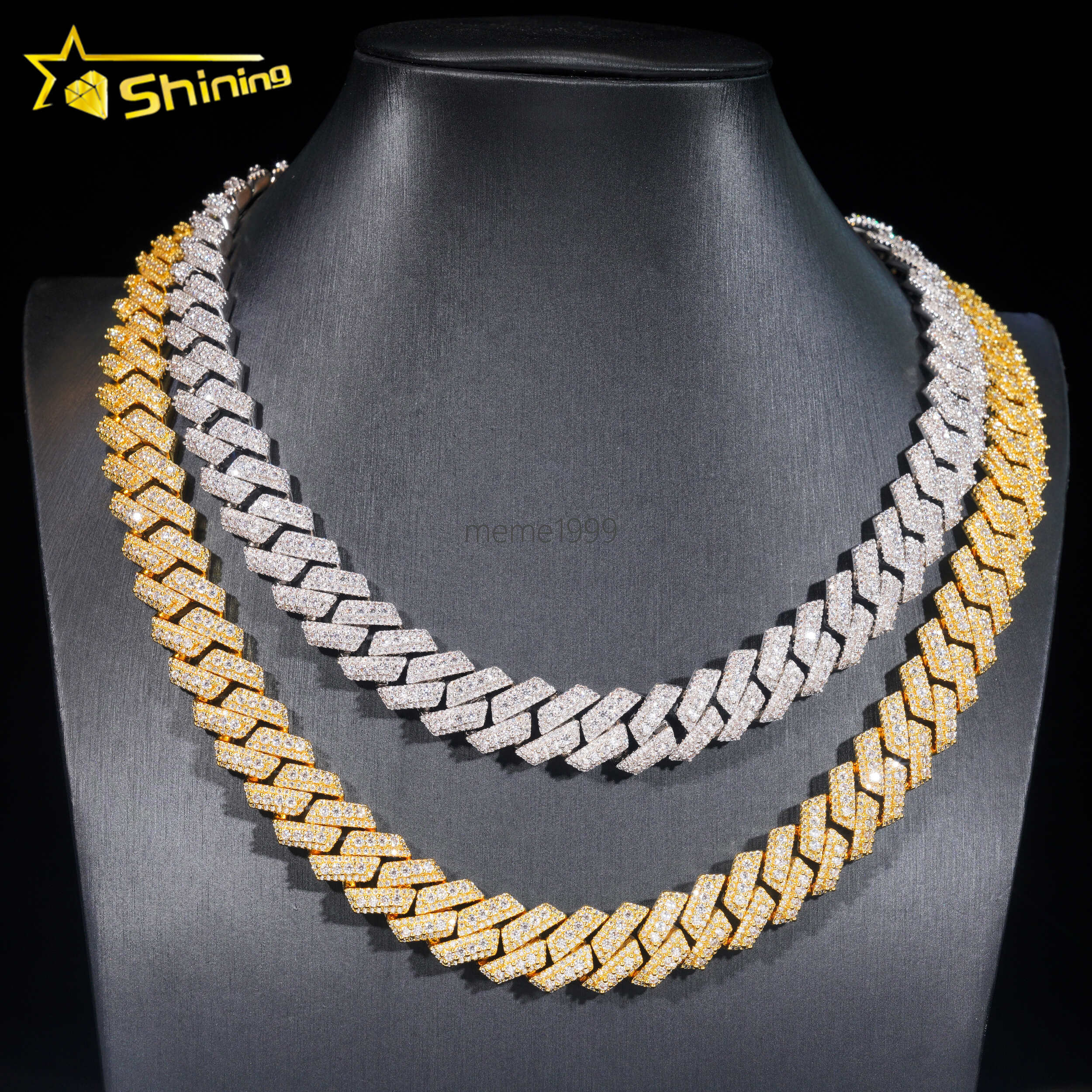 Fashion Hip Hop Jewelry Cuban Link Chain Men 2Rows 15MM Width 18K Gold Plated Round moissanite Brass Cuban Chain