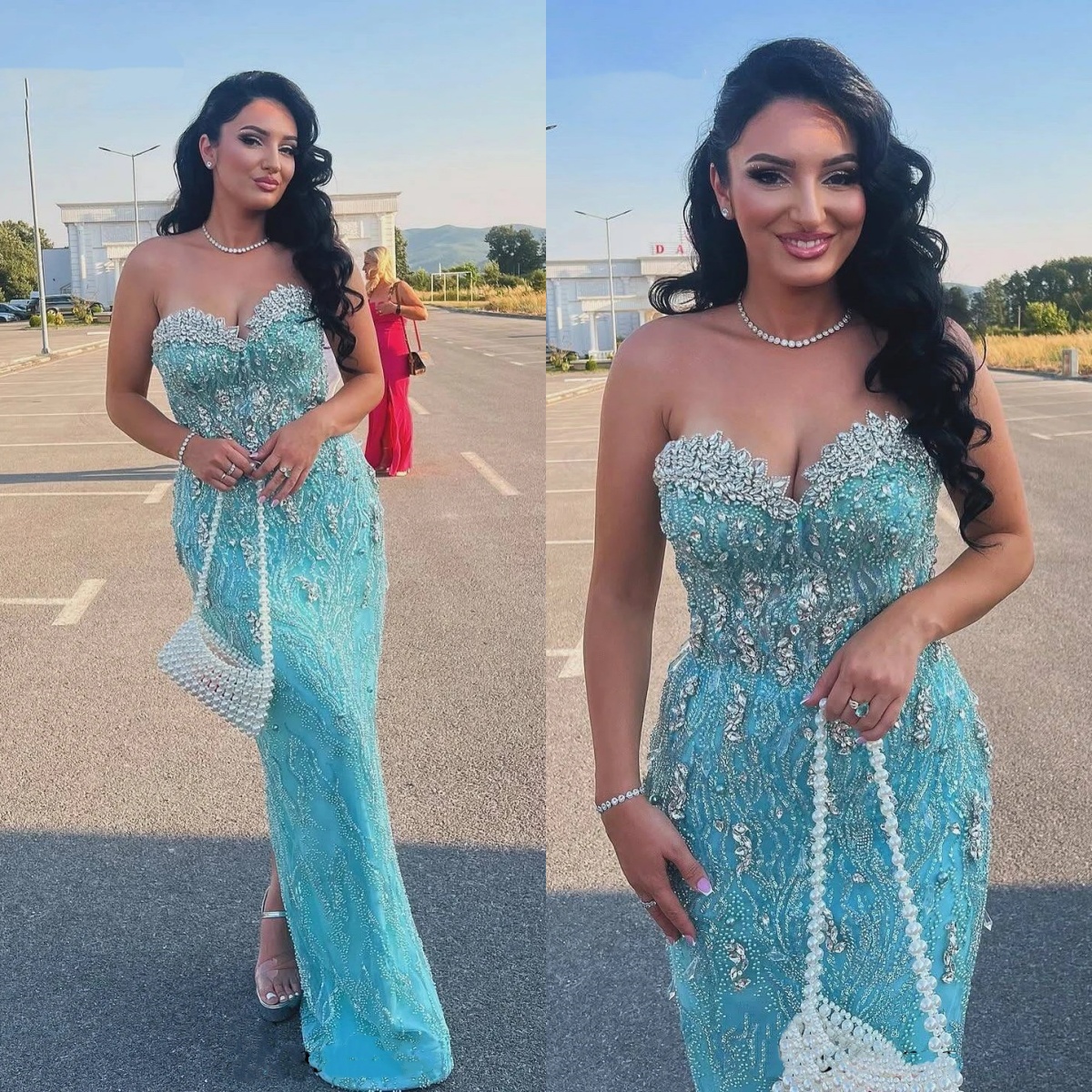 Sparkly Mermaid Evening Dresses For Women Sweetheart Neck Sleeveless Gown Crystal Split Floor Length Dress Party Customized Dress