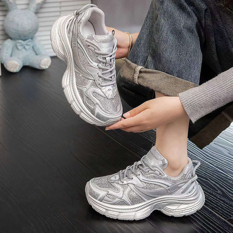 2025 Spring Summer New Women's Thick Sole Dad with Sparkling Rhinestones Korean Style Sports Platform Lace-up Casual Shoes Trendy