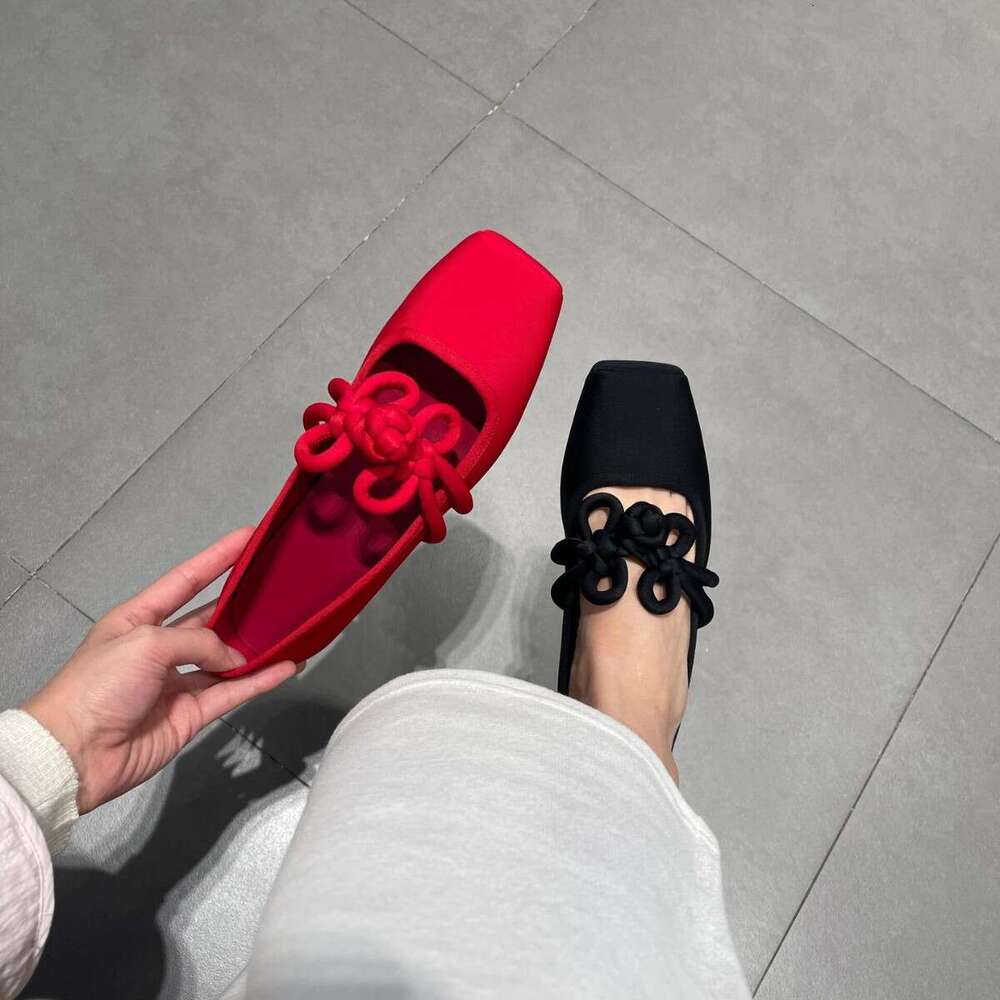 Sheepskin Version ~ Square Toe Little Red New Style Chinese Knot Flat Single Women Shallow Mouth Ballet Mary Jane Shoes