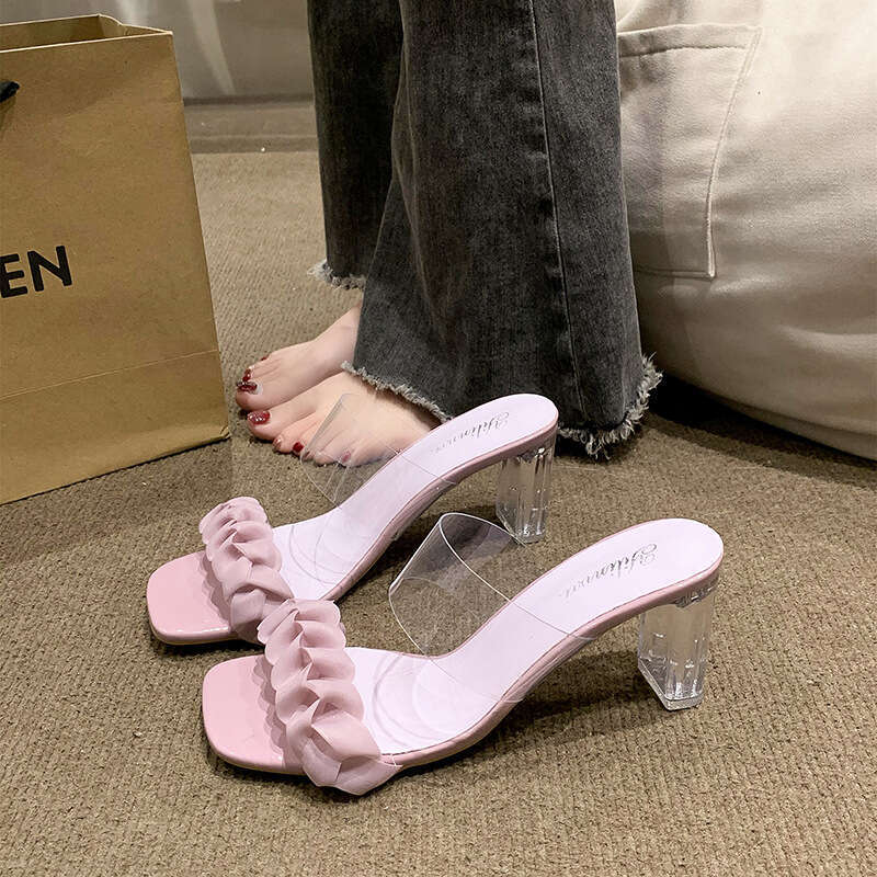 Transparent High Heels Summer Crystal Chunky Heel for Women 2023 New Fairy Style Half Slippers French Internet Celebrity Sandals