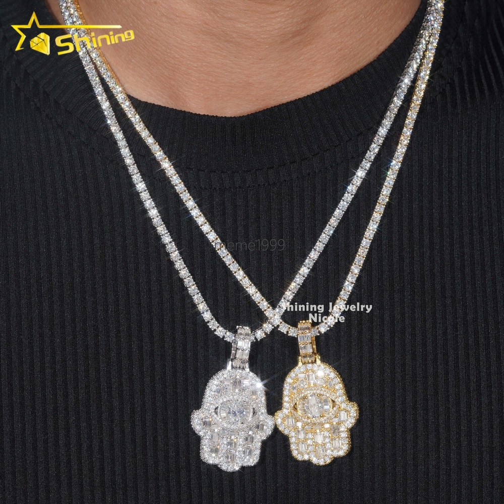 Fully Iced Out Luxury Bling Hip Hop VVS Moissanite Diamond Hamsa Hand 925 Silver Pendant