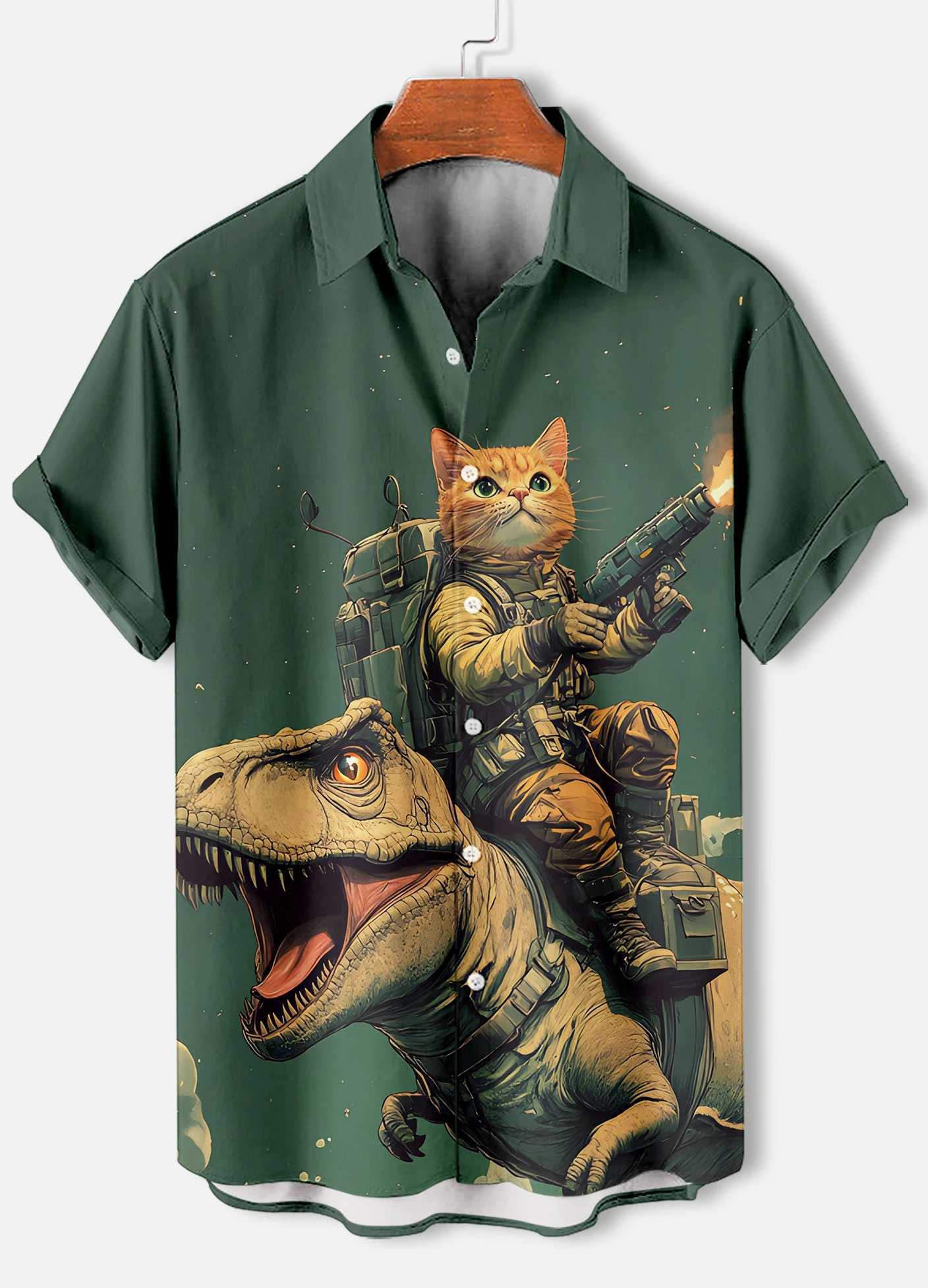 Summer Mens Retro Cartoon Anime Cat Theme Short Sleeve Shirts Short Sleeve Tops Fashion Casual Vacation Streetwear Mens Shirts Y250819