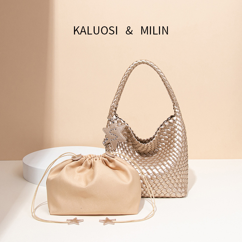 Free Shipping Designer's New High-end Versatile Champagne Gold Woven Tote Bag Women's Large Capacity Commuting Bucket Bag Hand-held Shoulder