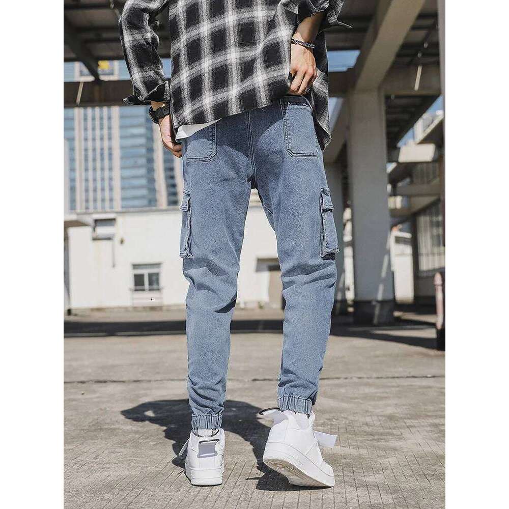 Spring Autumn Men's Jeans Multi-Pockets Work Wear Cargo Pants Black Blue Elastic Waist Denim Joggers Big Size Jean Trousers 8XL