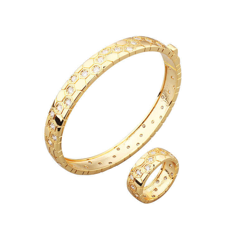 Japanese Korean Style Simple Honeycomb Hexagon Polka Dot Inlaid Dia Ring Fresh and Elegant Unisex Temperament Bracelet