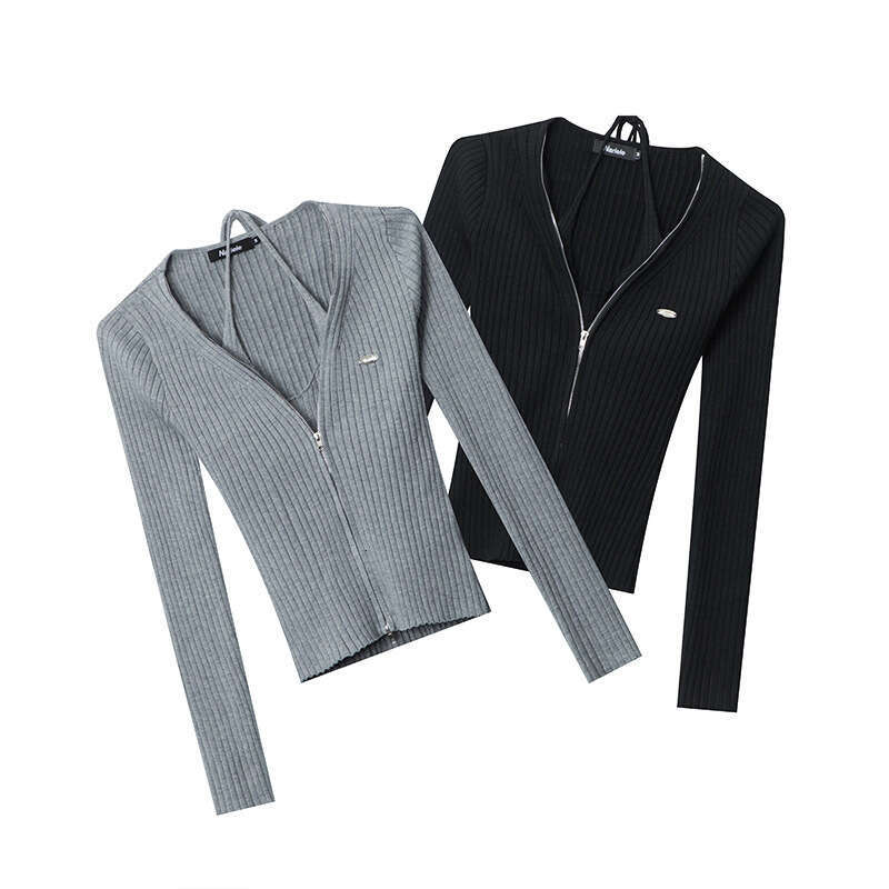 Heyhenry Autumn Style Hot Girl V-Neck Solid Color Fake Two-Piece Slim Halter Neck Long Sleeve Knitted Sweater For Women B5