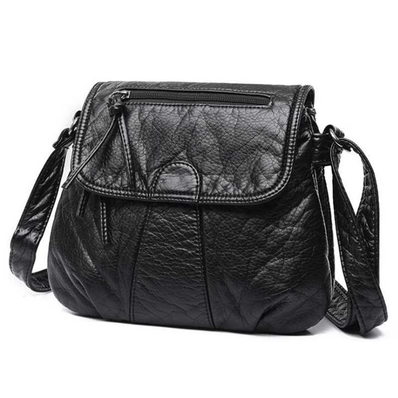 Black Small Women Messenger Bag Soft Washed PU Leather Crossbody Bag Female Handbag Purses Y250819