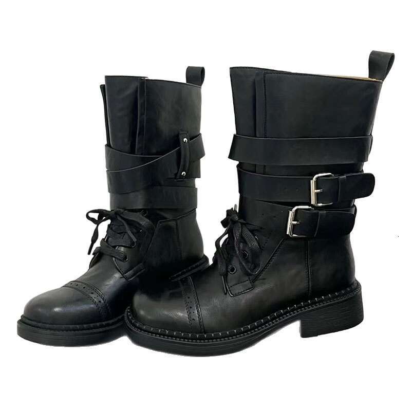 2025 New British Style Lace-up Belt Buckle Chunky Heel Martin Women Fashion Mid-calf Versatile Brown Short Boots