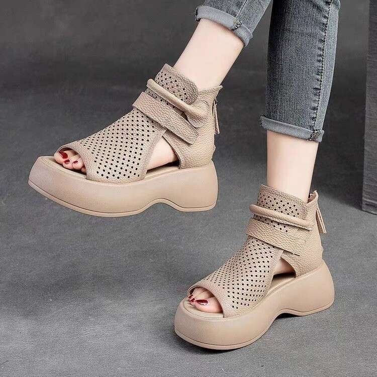 2023 Summer New Roman Fashion Internet Celebrity Thick-Soled Peep-Toe Sandals Hollow Platform High-Top Women's Shoes